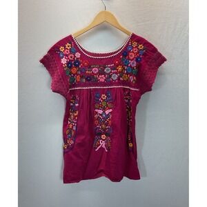 Mexican Blouse Womens Fuchsia Floral Hand Embroidery Artesian Lace Peasant Sz M